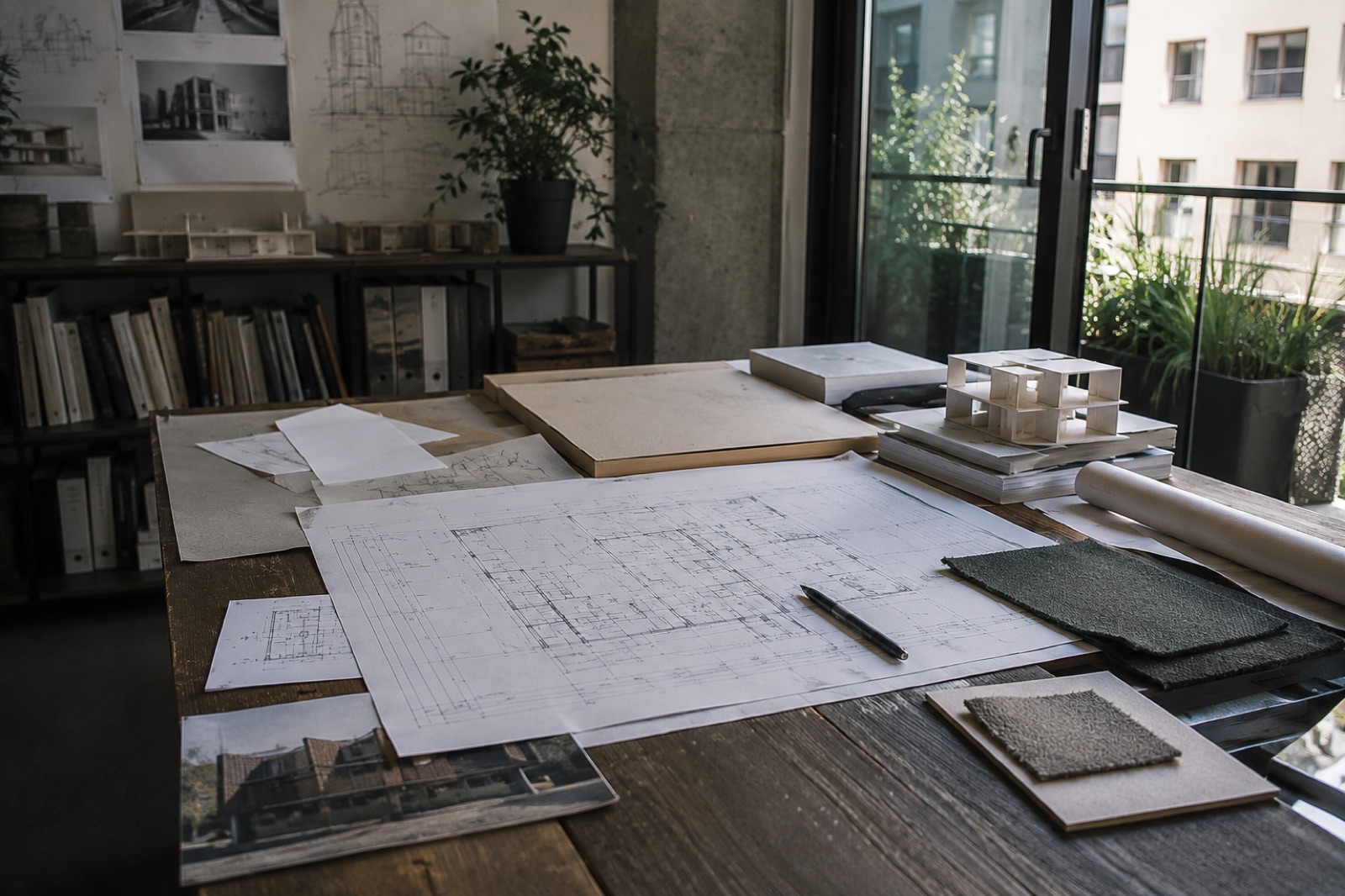 Werkplanung mit Bauplänen und Architekturmodell im CBB-Büro in Berlin