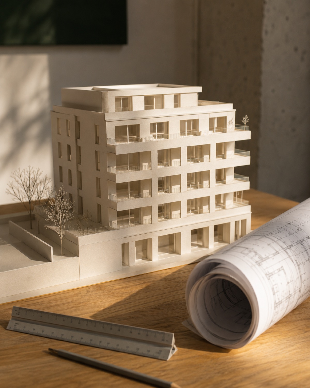 Weißes Architekturmodell eines mehrgeschossigen Wohngebäudes mit Bauplänen, Maßstab-Lineal und Stift auf dem Schreibtisch – Planung und Architektur bei CBB Ingenieur