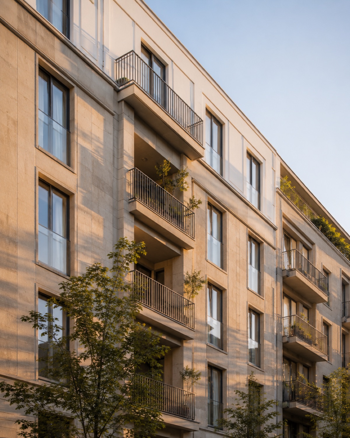 Edle zeitgenössische Wohnfassade mit Naturstein, hohen Fenstern und Balkonen in Berlin im Abendlicht – Planung und Architektur bei CBB Ingenieur