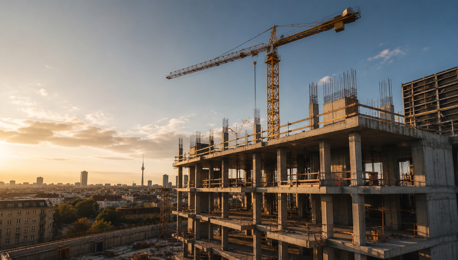 Rohbau eines Berliner Bauprojekts von CBB mit Turmdrehkran vor der Stadtkulisse