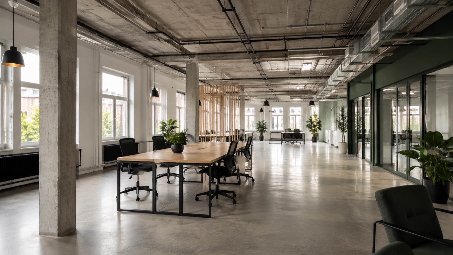 Moderner offener Büro-Innenausbau mit Sichtbeton-Decke und großen Fenstern in Berlin – Gewerbeprojekt von CBB Ingenieur