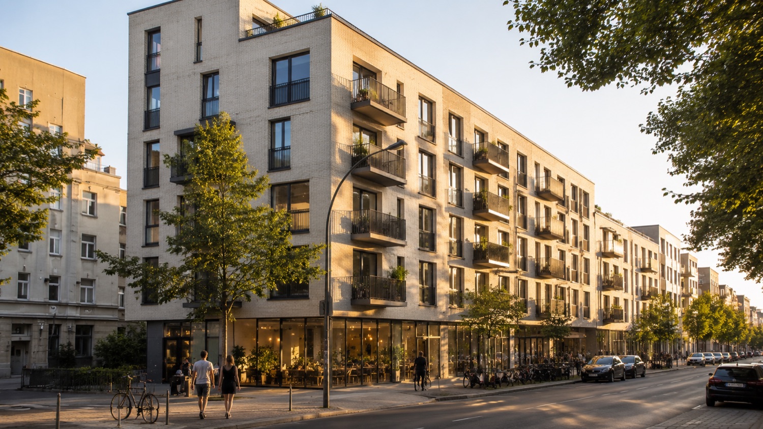 Mischnutzungsgebäude mit Erdgeschoss-Gewerbe und Wohnungen mit Balkonen darüber in Berlin – Projekt von CBB Ingenieur